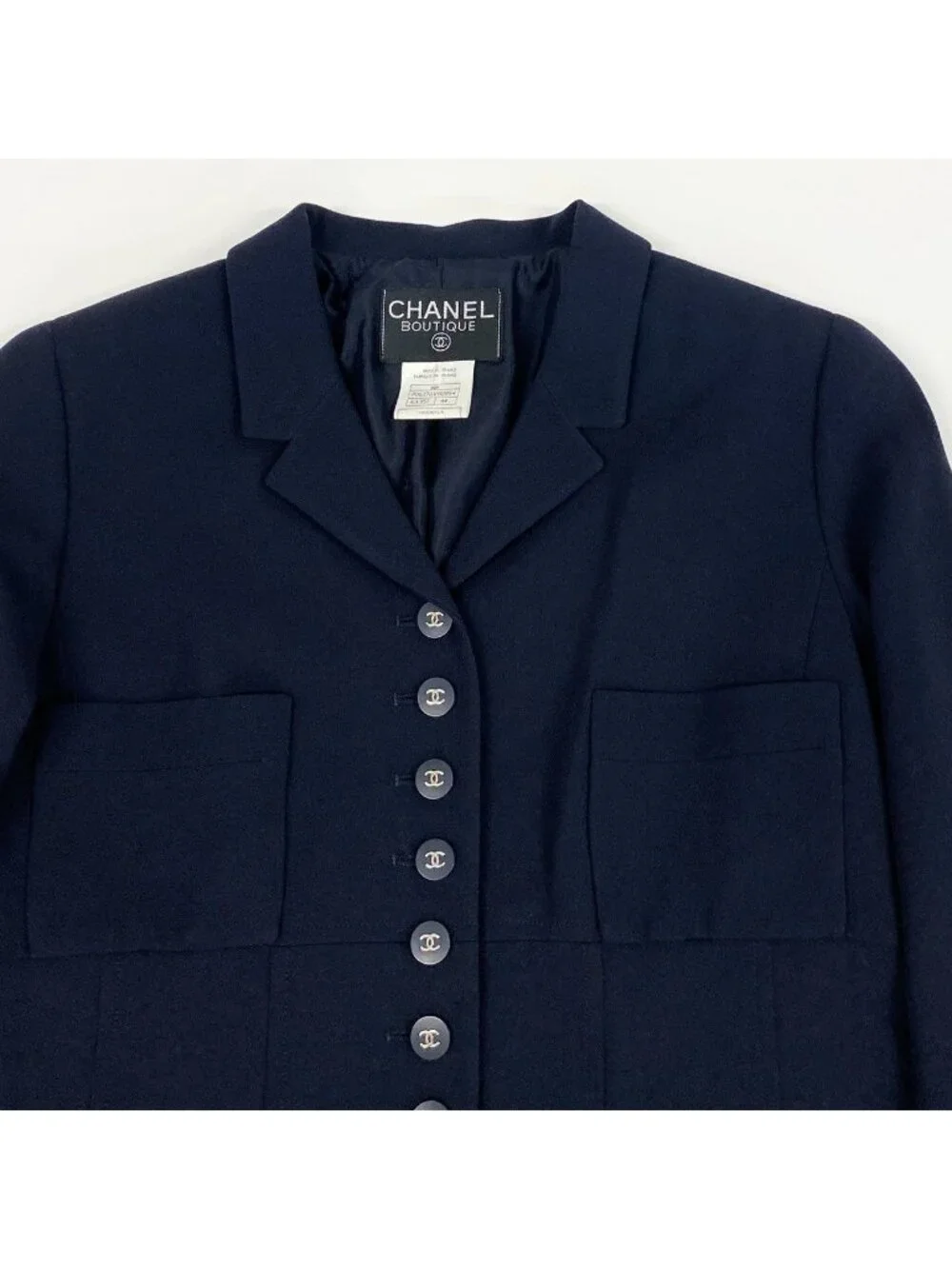Chanel Vintage Long Tailored Jacket CC Logo Button 42 Dark Navy Wool